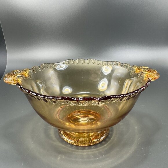 Vintage Gadroon Edges Amber Glass Footed Dish Bowl Container With Handles VTG - Picture 10 of 12